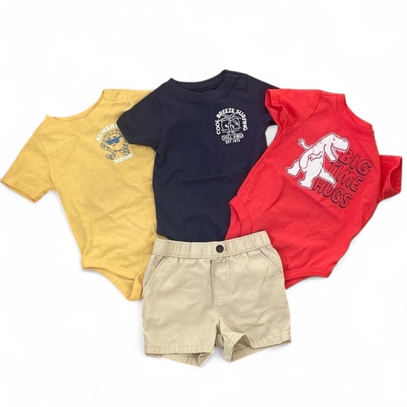 🧸Garanimals Size 6-9 Months Short-sleeved Onesie Pack of 3 & Khaki Shorts - Picture 1 of 6